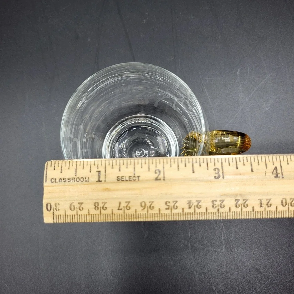 Vintage MCM Glass Etched Tea Cup Amber Handle Vintage Clear 3
